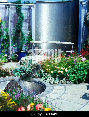 MODERN WATER FEATURES BASED ON STAINLESS STEEL Stock Photo