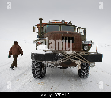 Truck carrying food and fuel, Chukotka Siberia Russia Stock Photo