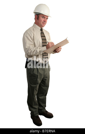 A construction safety inspector making notes on a clip board full view isolated Stock Photo