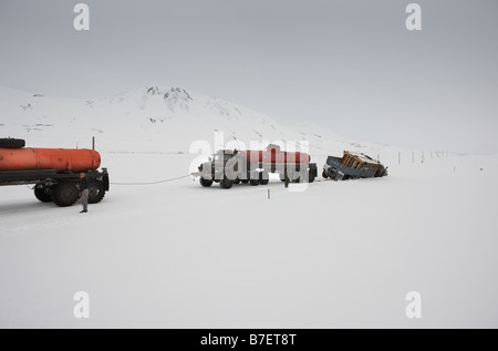 Trucks carrying food and fuel, Chukotka Siberia Russia Stock Photo