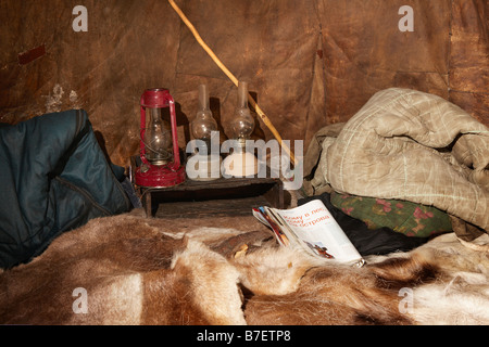 Yupic tent interior and reindeer skins, Kanchalan located in the Chukot Autonomous Region, Siberia Russia Stock Photo