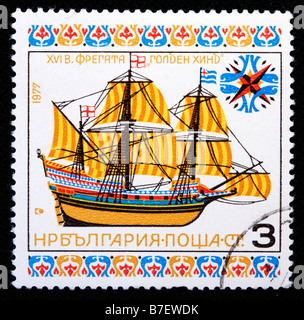 English galleon 'Golden Hind' ('Golden Hinde') captained by Sir Francis Drake, postage stamp, Bulgaria, 1977 Stock Photo