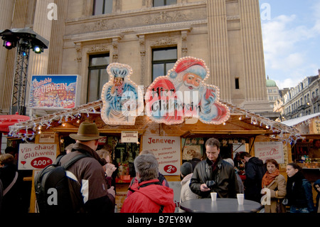 Christmas street market stall selling gluwein just off the main Grand Place in the centre of Brussels Belgium Stock Photo