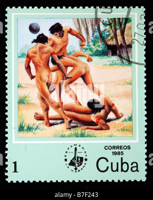 Sport, ball, Life of primitive men prehistoric primeval savage, postage stamp, Cuba, 1985 Stock Photo