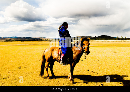 Nomadic Mongolian herder with horses on the plains of the Gobi desert ...
