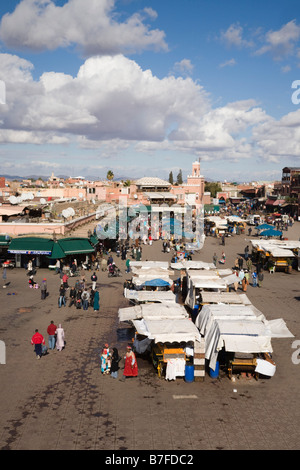 Marrakech Morocco North Africa Elevated view of stalls and people in busy Place Djemma el Fna square in the Medina Stock Photo