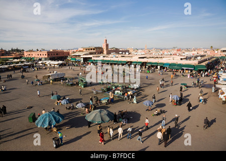 Marrakech Morocco North Africa High view of stalls and people in Place Djemma el Fna square in the Medina Stock Photo