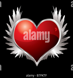 Red love heart with a silver bevel and metal wings Stock Photo