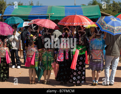 A view from behind of the traditional costume worn by Hmong girls at a Hmong New Year ceremony. Stock Photo