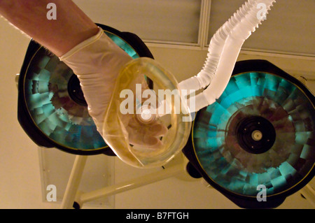 Last View A Patient Sees Before having General Anesthetic Mask Covering Face Before Going to Sleep In the Operating Room Stock Photo