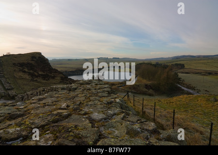 Cawfields pond viewed from milecastle 42 on a fine stretch of Hadrian's Wall Stock Photo