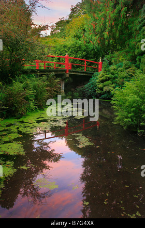 Footbridge across pond surrounded by maples in fall color, at Kubota Japanese Gardens, Seattle, Washington