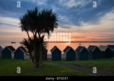 Sunset at Gurnard beach huts , Isle of Wight Stock Photo