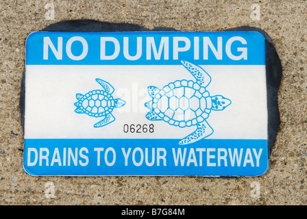Storm drain decal warning against pollution dumping Stock Photo