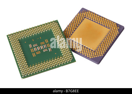 Two computer processors cut out on white background Stock Photo