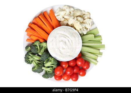 Vegetable platter with cauliflower celery tomatoes broccoli carrot sticks and ranch dip Stock Photo