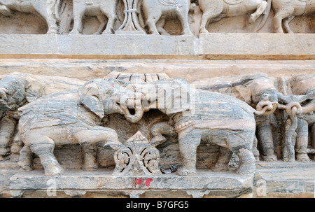 Intricate stone carvings of elephants on a temple wall. Jagdish Mandir temple. Udaipur, Stock Photo