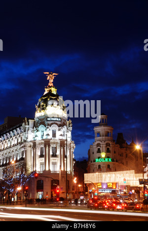 Alcala street and Metropolis building at Christmas. Night view. Madrid. Spain. Stock Photo