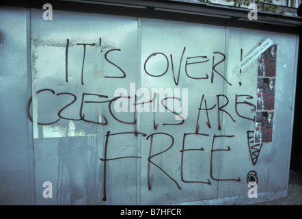 Slogan painted on a bus shelter in Wenceslas square Prague just after the velvet revolution in 1989 Stock Photo