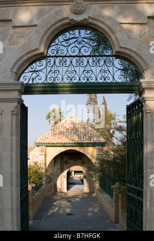 View through Hala Sultan Tekkesi mosque entrance gate near Larnaca, Cyprus Stock Photo