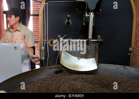 Guatemalan worker roasts coffee at plantation near Antigua, Guatemala Stock Photo