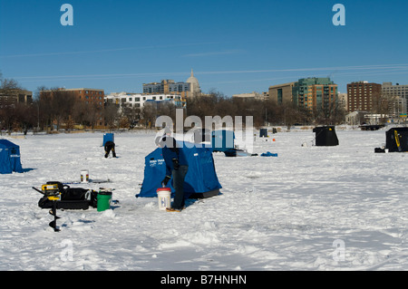 Ice Fishing on Monona Bay Lake Monona Madison Wisconsin Stock Photo