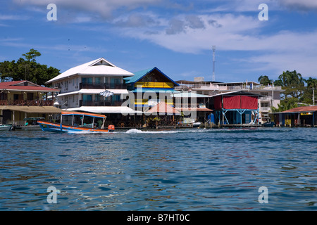 Shoreline of Bocas Town with hotels, restaurants, and water taxis, Bocas del Toro, Panama Stock Photo