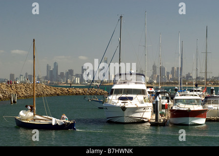 Yacht club marina on Port Phillip Bay with Melbourne skyline beyond. Australia Stock Photo