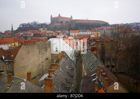 View of the Old Town and Bratislava Castle from St Michael’s Tower in Bratislava, Slovakia. Stock Photo