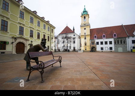 The Main Square (Hlavné námestie) in the Old Town of Bratislava, Slovakia. Bronze statue of Napoleon. Old Town Hall and tower. Stock Photo