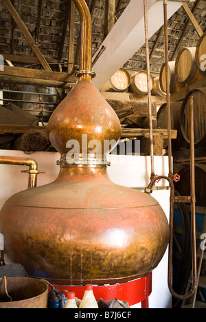dh  PORTO DA CRUZ MADEIRA Rum distillery copper still and barrels Stock Photo