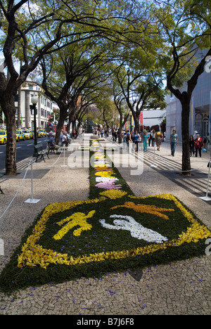 dh Flower Festival FUNCHAL MADEIRA Tapestry of flower decorating Avenida Arriaga city centre street art mural flowers Stock Photo