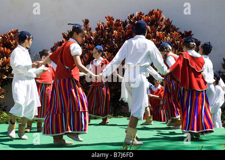 dh Flower Festival FUNCHAL MADEIRA Children traditional costume dancing display portugal folk dance national custom tradition kid dancers performing Stock Photo