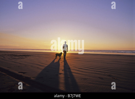Man and dog stand in sunset on beach, California Stock Photo