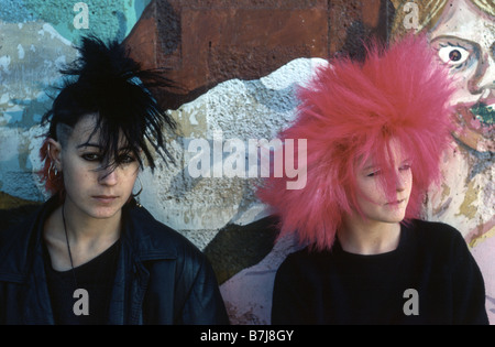 two punk girls wearing spiky hair Stock Photo