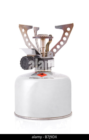 portable camping stove with a butane propane gas canister Stock Photo