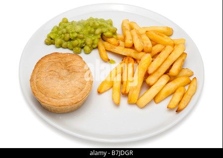 Chips meat pie and mushy peas on a white plate Stock Photo