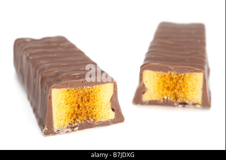 Two  halved chocolate covered honeycomb toffee bars Stock Photo