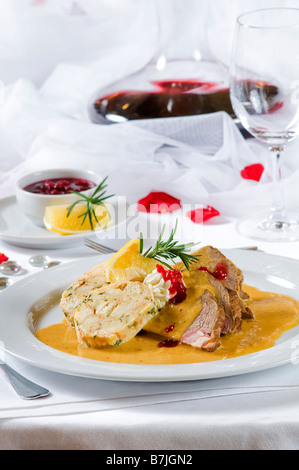 Sirloin of beef with cream sauce and dumplings Stock Photo