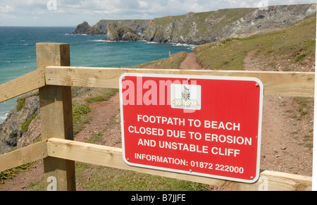 The Lizard Peninsula, Cornwall, England. Part of the footpath closed off due to erosion. Stock Photo