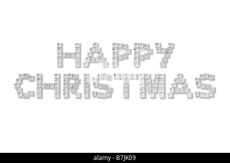 Silver Gift Boxes Spelling Happy Christmas On White Background