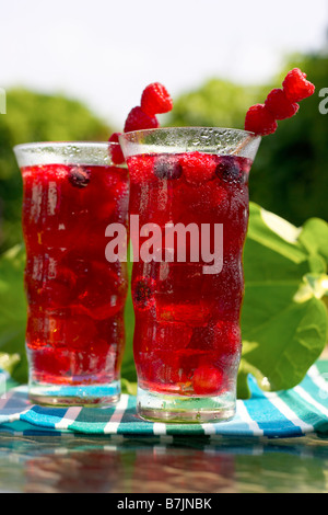 Two glasses of fruit juice garnished with raspberries, Canada, Ontario Stock Photo