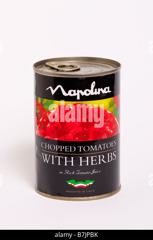 A tin of Italian chopped tomatoes with herbs in rich tomato juice shot on a white background Stock Photo