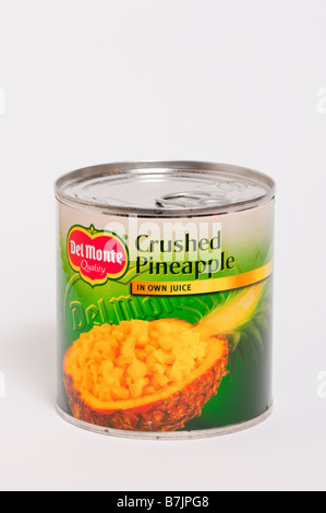 A tin of Del Monte crushed pineapple fruit chunks in own juice shot on a white background Stock Photo