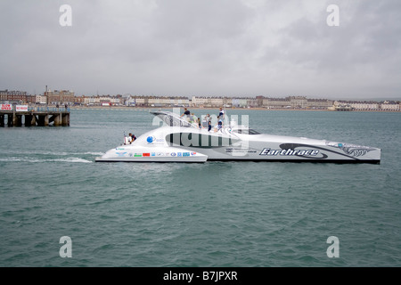 Earthrace eco boat at Weymouth in Dorset, UK. Only available on Alamy Stock Photo