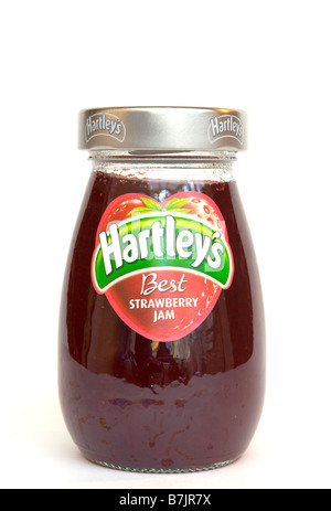 Glass Jar of Hartleys Best Strawberry Jam Stock Photo