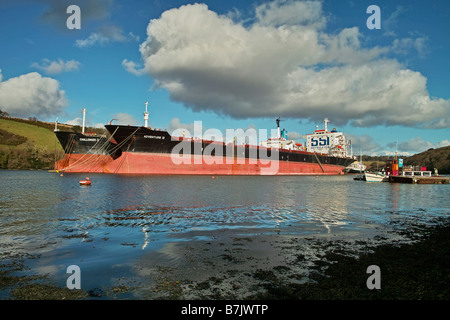 a tanker laid up in deep water on the river fal near truro,cornwall,uk Stock Photo