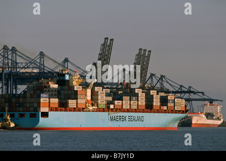 Container Ship leaving the Port of Felixstowe, Suffolk, UK. Stock Photo