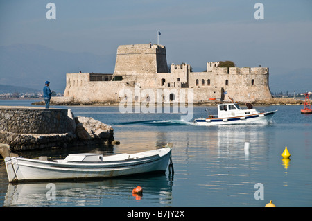 The harbour at Nafplio with the Bourtzi island and fort in the background Argolid Peloponnese Greece Stock Photo