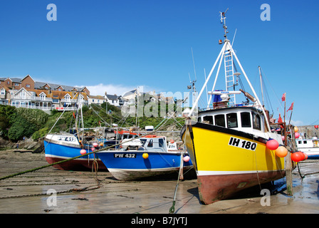 fishing boats at low tide in newquay harbour,cornwall,uk Stock Photo